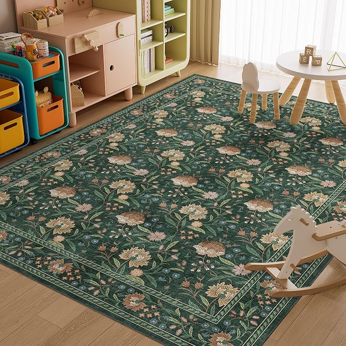 DUKINO 9x12 Area Rug for Living Room, Vintage Floral Washable Rug, Green | Non Slip, Low Pile, Non-Shedding, Stain Resistant, Aesthetic Soft Indoor Large Carpet for Bedroom Dining Room Farmhouse