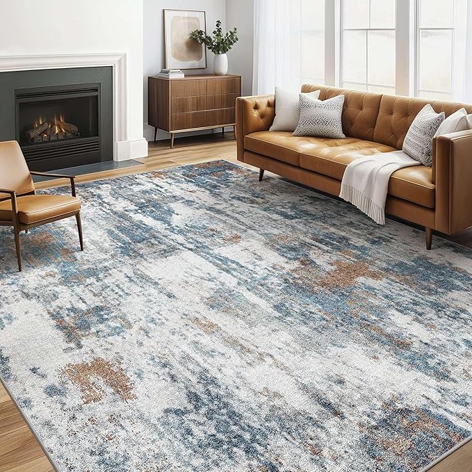 5x7 Area Rugs Living Room: Washable Large Abstract Neutral Modern Soft Rug Stain Resistant Indoor Floor Non-Slip Accent Carpet for Bedroom Nursery Playroom Dining Room Office Dorm Home- Rust Cyan