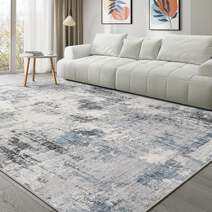 Abstract 12x14 Area Rug: Machine Washable Non Slip Ultra Thin Low-Pile Carpet, Soft Stain Resistant for Living Room Bedroom Office, Kid Pet Friendly, Robot Vacuum Compatible - Grey Blue