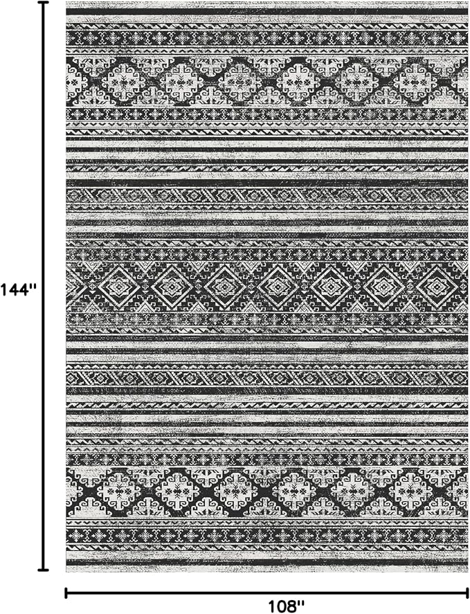 RUGSURE Washable Area Rugs 9' x 12' - 1/6 Thick - Moroccan-Inspired -Stain & Water Resistant Non-Slip - Resistant Rug for Living Room, Bedroom, Nursery, Pet & Child Friendly (Black)