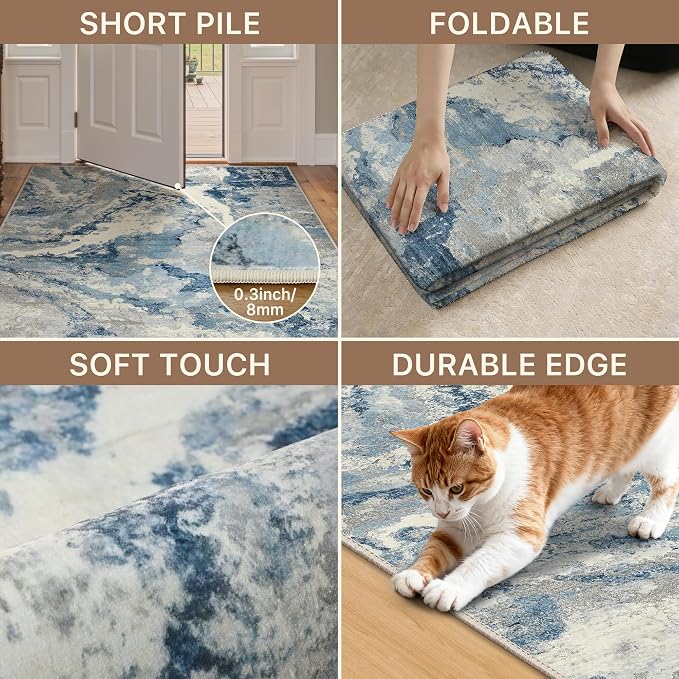 GENIMO Abstract Area Rug 8x10, Washable Large Modern Rug Non Slip, Low Pile Lightweight Soft Carpet for Living Room, Bedroom, Dining Room, Blue Grey