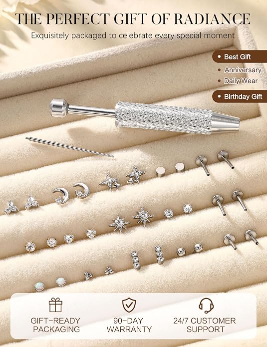 Drperfect 16G/18G Flat Back Stud Earrings for Women, Hypoallergenic Surgical Steel Gold Silver Plated Internal Thread Stud Piercing Jewelry for Tragus Helix Cartilage Conch Nose Lip Medusa Piercing