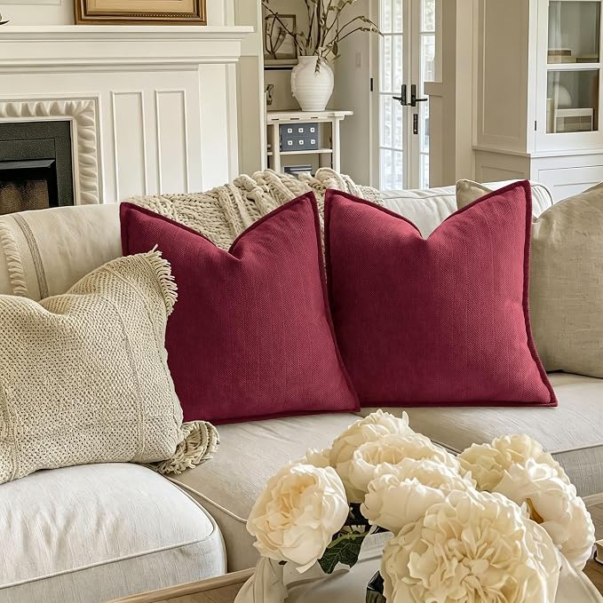 ZWJD Burgundy Pillow Covers 22x22 Set of 2 Chenille Throw Pillow Covers with Elegant Design Soft and Luxurious Decorative Throw Pillows for Couch, Bed, and Home Decor