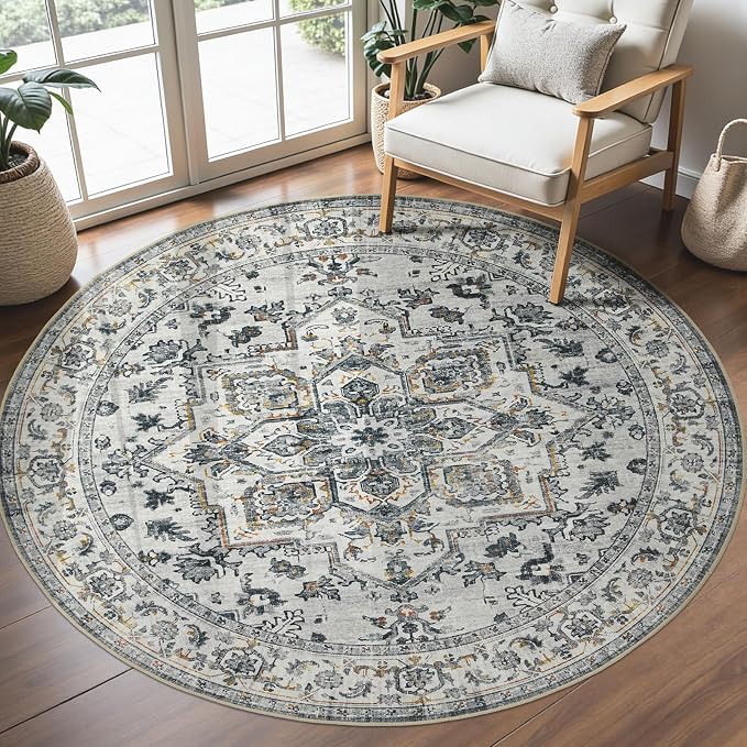 Joydeco Washable Area Rug, 6ft Round Rugs for Living Room,Non Slip Machine Washable Vintage Rug, Low Pile Thin Chenille Print Rugs for Bedroom, Dining Room, White&Light Gray&Dark Gray