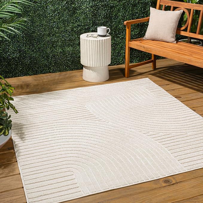 JONATHAN Y Hallie High-Low Curve Ivory/Cream 5x5 Square Indoor/Outdoor Area Rug, Minimalist, Pet Friendly, Non-Shedding, Stain Resistant, Hose-Washable for Backyard, Patio, Porch (SCN100B-5SQ)
