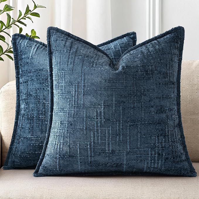 decorUhome Chenille Decorative Throw Pillow Covers 18x18 Set of 2,Navy | Soft Texture, Slubby Modern Design, Flange Edges, Cozy Accent Pillow Covers for Couch, Sofa, Bed, Living Room