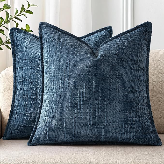 decorUhome Chenille Decorative Throw Pillow Covers 24x24 Set of 2,Navy | Soft Texture, Slubby Modern Design, Flange Edges, Cozy Accent Pillow Covers for Couch, Sofa, Bed, Living Room