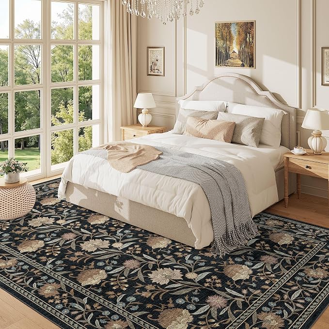 DUKINO 6x9 Area Rug, Vintage Floral Washable Rugs for Living Room, Black | Non Slip, Low Pile, Non-Shedding, Stain Resistant Soft Large Carpet for Bedroom Home Office Dining Room Farmhouse, Home Decor