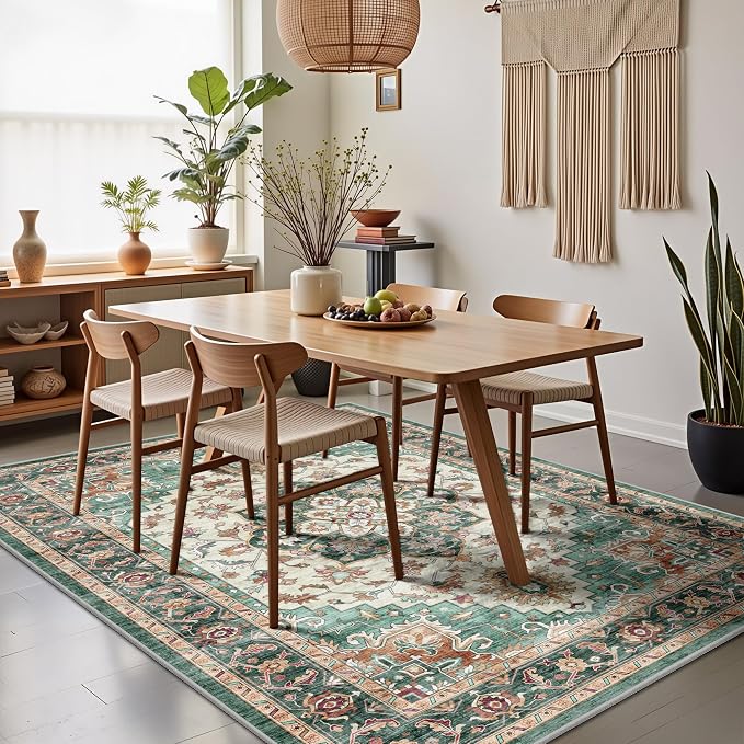 6x9 Area Rugs - Washable Rug Vintage Distress Boho Medallion Rugs for Living Room, Soft Non-Slip Backing Low Pile Carpet for Bedroom Dining Room Office Nursery Dorm Home, Green Brown