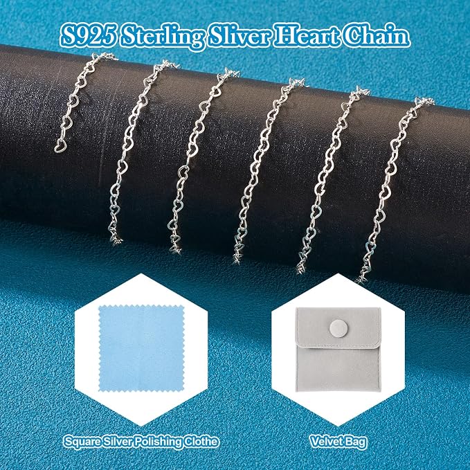 Elecrelive 925 Sterling Silver Heart Chains 3.28 Feet Heart Link Chain Necklace Roll Permanent Jewelry for Women Necklace Bracelet Making
