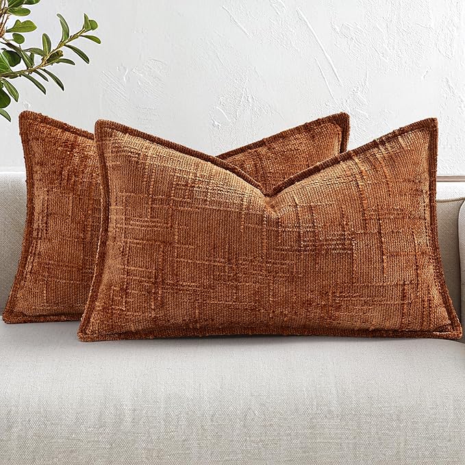 decorUhome Chenille Decorative Throw Pillow Covers 12x20 Set of 2,Rust | Soft Texture, Slubby Modern Design, Flange Edges, Cozy Lumbar Accent Pillow Covers for Couch, Sofa, Bed, Living Room