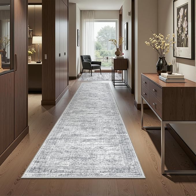 2x10 Runner Rug Non Slip,Washable Hallway Runner Rug,Grey | Long Neutral Rugs for Kitchen,Entryway,Bedroom,Bathroom,Laundry Room,Thin,Soft Runner Rug,Stain Resistant Indoor Carpet