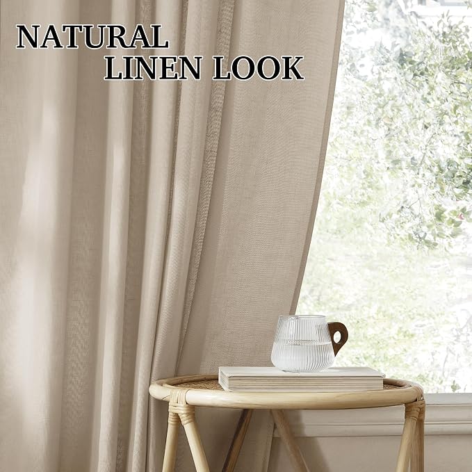 RYB HOME Linen Sheer Curtains 90 inches Long 2 Panels Set,Natural Lightweight Light Filtering Half Privacy Gauze Curtains Cortina for Living Room Bedroom, W 52 x L 90, Taupe