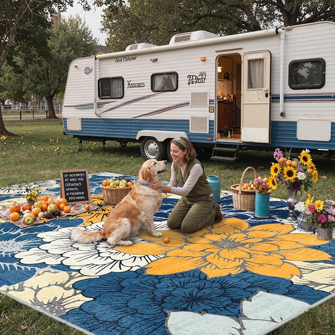 GENIMO 10x14 Outdoor Rug, Washable Quick Dry for Patio, Blue | Floral design for gazebo; lightweight chenille with quick-dry non-slip backing for indoor living spaces