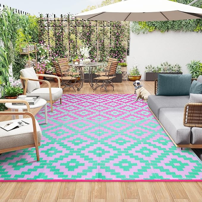 Anidaroel Ombre Outdoor Rugs for Patios Clearance Waterproof, 6x9 Reversible Geometric Plastic Straw Outside Area Rugs, RV Camping Mat for Balcony, Pool Deck, Picnic, Backgard(Green&Pink,6‘x9')