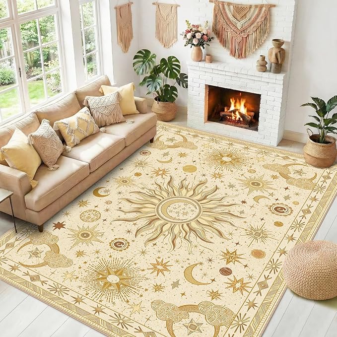 Vacuum-Friendly, 9x12 Washable Area Rug, Beige Camel Brown | Sun and Moon Boho Gothic Non-Slip Low Pile Living Roon Bedroom Dining Room Kitchen Entry Entryway Entrance Hallway Doormat