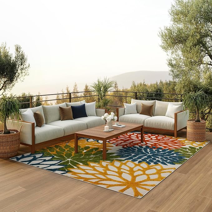 Nourison Home Aloha Turquoise Multicolor 9' x 12' Area Rug - Easy Clean, Non Shedding, Bed Room, Living Room, Dining Room, Kitchen (9' x 12')