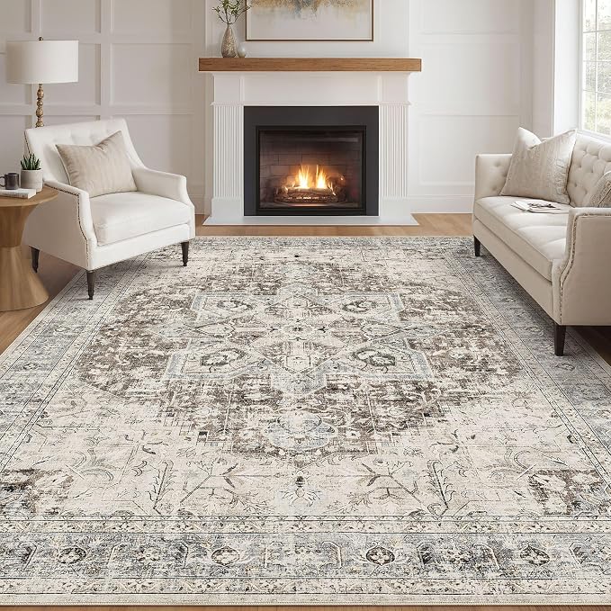 Tortania Area Rug Living Room Rugs - 7x9 Washable Boho Rug Vintage Oriental Distressed Farmhouse Large Thin Indoor Carpet for Living Room Bedroom Under Dining Table Home Office - Brown Blue