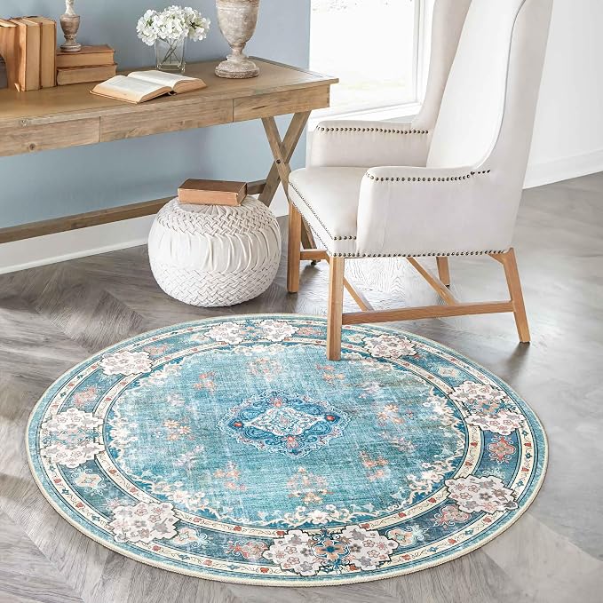 MUJOO Teal Round Rug 4ft Small Circle Washable Area Rug Non Slip Floral | Circular Rugs for Bedroom Living Room Entryway Bathroom Bedroom Boho Throw Carpet Soft Low Pile Indoor Flowers Blue Colorful