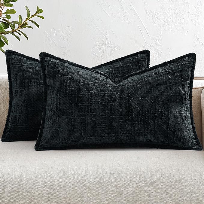 decorUhome Chenille Decorative Throw Pillow Covers 12x20 Set of 2,Black | Soft Texture, Slubby Modern Design, Flange Edges, Cozy Lumbar Accent Pillow Covers for Couch, Sofa, Bed, Living Room