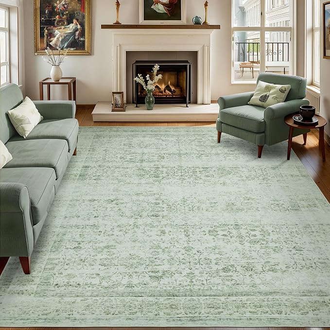 6x9 Vintage Washable Area Rug, Light Green | Living Room,Low Pile Non Slip Carpet Non-Shedding Soft Indoor Stain Resistant Floral Print Mat for Bedroom Dining Room