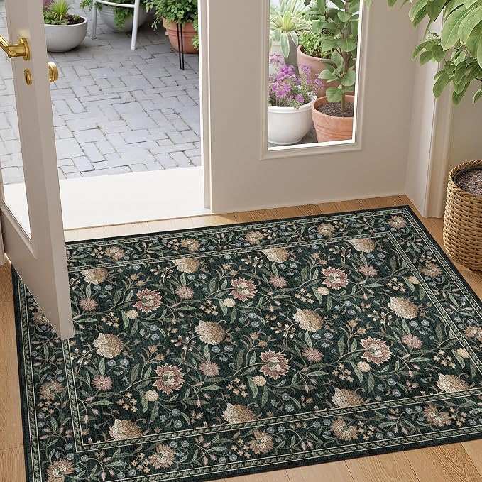 DUKINO 2x3 Rug, Washable Vintage Floral Bathroom Rugs Non Slip, Dark Green | Low Pile, Stain Resistant Boho Soft Indoor Door Mat, Small Front Door Carpet for Entryway Kitchen Laundry Bedroom Farmhouse