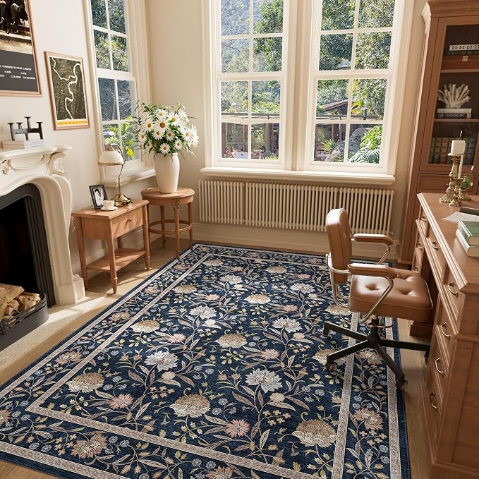 DUKINO 5x7 Area Rug, Vintage Floral Washable Rug for Living Room, Navy Blue | Non Slip, Low Pile, Non-Shedding, Stain Resistant Lightweight Boho Soft Carpet for Bedroom Home Office Dining Room Farmhouse