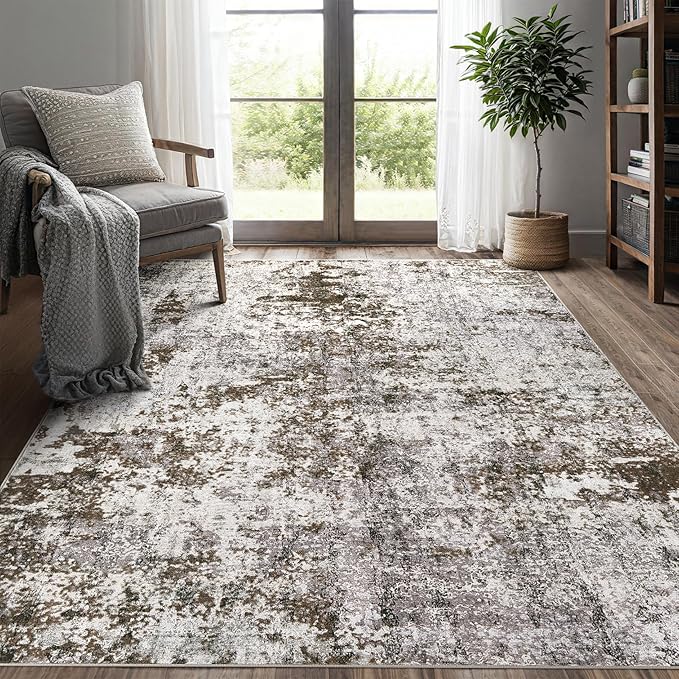 DMOYEST 5x7 Area Rug - Washable & Non Slip Indoor Rug for Living Room, Kid & Pet Friendly Abstract Low Pile Soft Carpet for Bedroom and Dining Room - Dark Brown