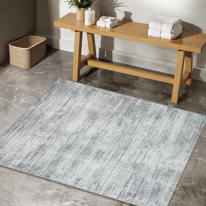 BILEEHOME Light Gray Washable Bathroom Rug 2x3 Modern Soft Rugs for Entry | Grey Samll Carpet, Aesthetic Abstract, Low Pile Non Slip, for Under Bed Bedside Kitchen Laundry Room, Floor Protector 2 x 3