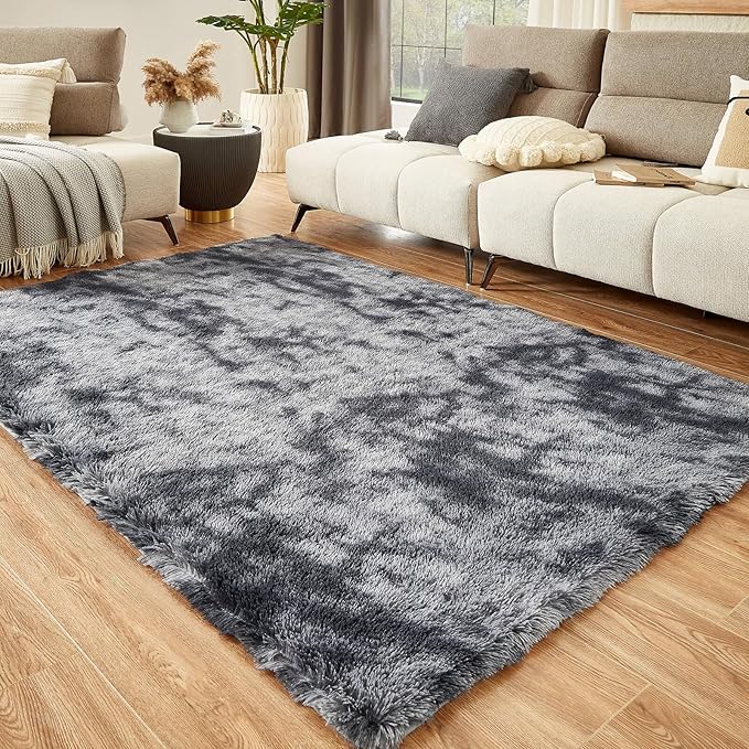 Floralux 8x10 Rugs for Living Room, Tie-Dyed Dark Grey, Ultra Soft Large Shag Bedroom Rug, Fluffy Plush Modern Floor Carpet