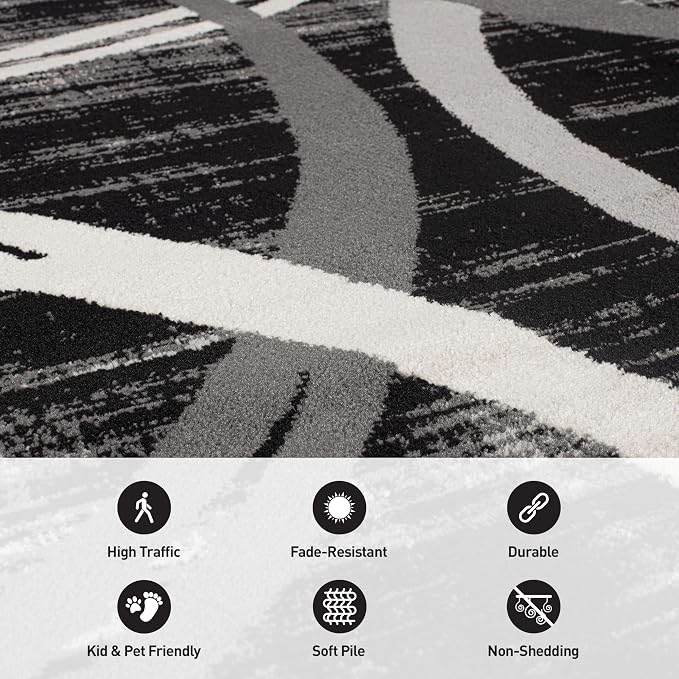 Rugshop Wavy Circles Modern Non-Shedding Living Room Round Rug Black 6'6"