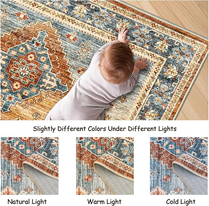 Roxstand 6x9 Washable Area Rug, Non Slip Living Room Rug Navy/Orange | Low Pile Vintage Rug, Stain Resistant, Non-Shedding Design, Pet & Kid Friendly, Carpet for Bedroom, Dining Room Office