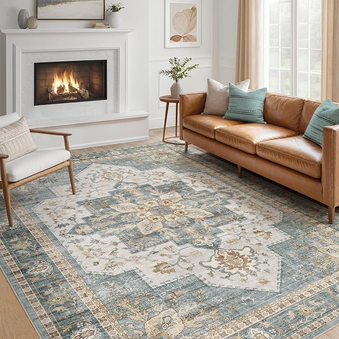 Tortania Area Rug Living Room Rugs - 6x9 Washable Boho Rug Vintage Oriental Distressed Farmhouse Large Thin Indoor Carpet for Living Room Bedroom Under Dining Table Home Office - Muted Teal
