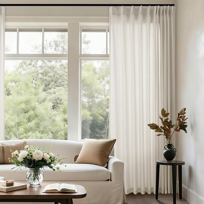 72 x 108 Inch Linen Curtains Pinch Pleated Extra Wide Semi Sheer | Light Filtering, Patio Sliding Door Curtains, 108 Inch Length, for Living Room Large Window, Grayish Beige Rustic Drapes