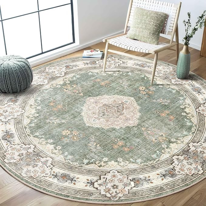 MUJOO Green Round Rug 6ft,Circle Washable Area Rug Non Slip Low-Pile Floral | Large Circular Rugs for Bedroom Living Room Dining Room Boho Throw Carpet Soft Floor Indoor Flowers Sage Green