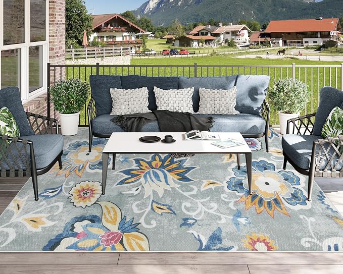 Lahome Floral Indoor Outdoor Rug 8x10, Non Slip Outdoor Patio Rug for Camping Picnic, Portable Large Outdoor Rugs for Balcony Deck Backyard, RV Mat Outdoor Carpet for Living Room Bedroom,Multi