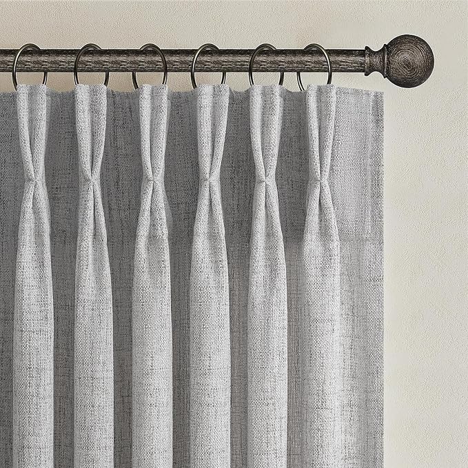 Unique Light Grey Pinch Pleat Thick Natural Linen 86 Inch Office Curtains 2 Panels Set, Memory Shape Light Filtering Semi Sheer Farmhouse Windows Curtain with Back Tab Privacy Protect Nursery Drapes