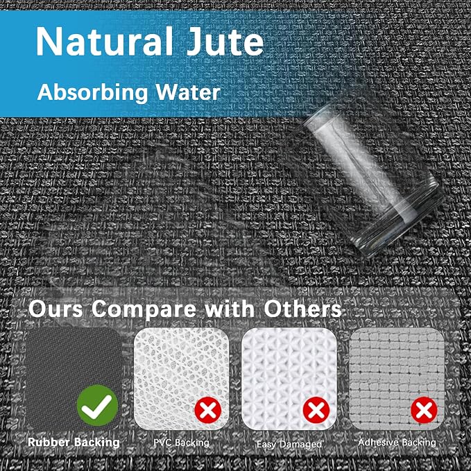 GOYLSER 15ft Jute Hallway Runner Rug Non Slip Washable, Rubber Backed Absorbent Laundry Rugs Laundry Room Runner, Black Long Entry Runner