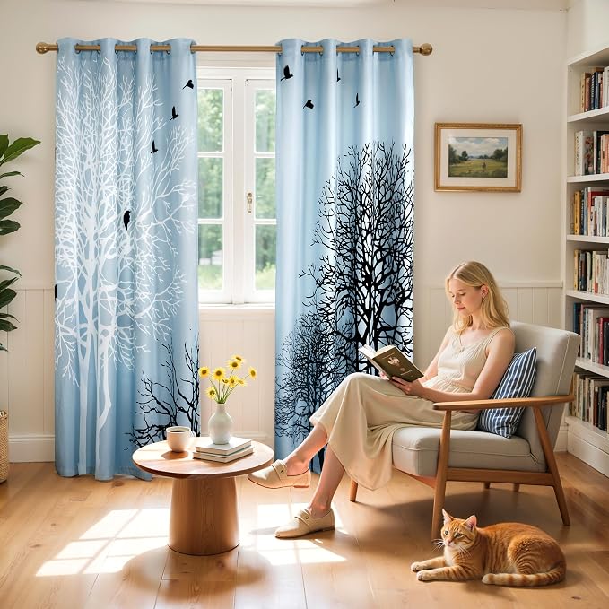 SUBRTEX Blackout Curtains 52Wx108L, Room Darkening Floral Curtains, Thermal Insulated 2 Panels Window Drapes, Boho Farmhouse Curtains for Living Room Bedroom Window Treatments, Light Blue