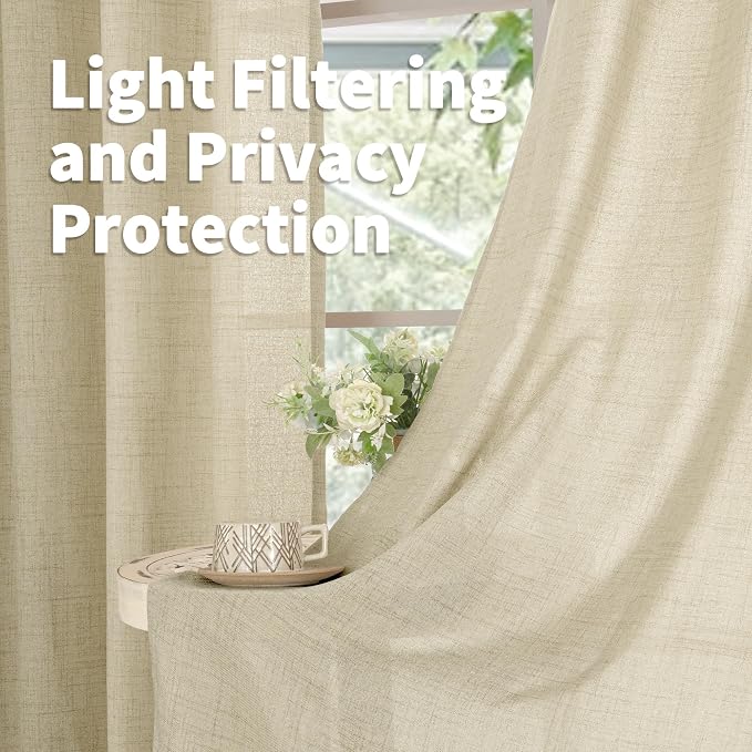 YoungsTex Linen Curtains 84 Inch Length for Living Room, Light Filtering Drapes with Grommet Semi Sheer Rustic for Bedroom Windows, Warm Beige, 2 Panels, 52 X 84 Inch