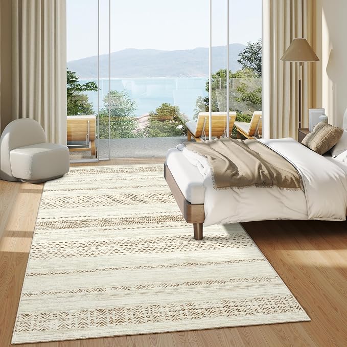 Miukiki 6x9 Area Rug for Living Room Moroccan Washable Rugs Non Slip Indoor Floor Carpet Foldable Large Soft Area Rug for Dining Room Bedroom with Low Pile(Brown,6'x9')