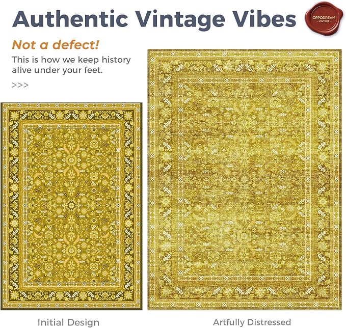 OPPODREAM Vintage Yellow Area Rugs 8x10, 8 x 10 Retro Washable Rug Non Slip, Low-Pile Faux Wool Carpet, Distressed Floor Mat for Living Room, Bedroom, Office, Dorm, Dinning Room, Big & Large