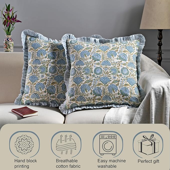 Ridhi Block Print Asparagus Green Throw Pillow Cover 24" x 24" (Pack of 2) Decorative Cushion Covers with Ruffle for Couch, Sofa, Bed, Living Room, Home Decor Gift for Spring, Easter, Valentine
