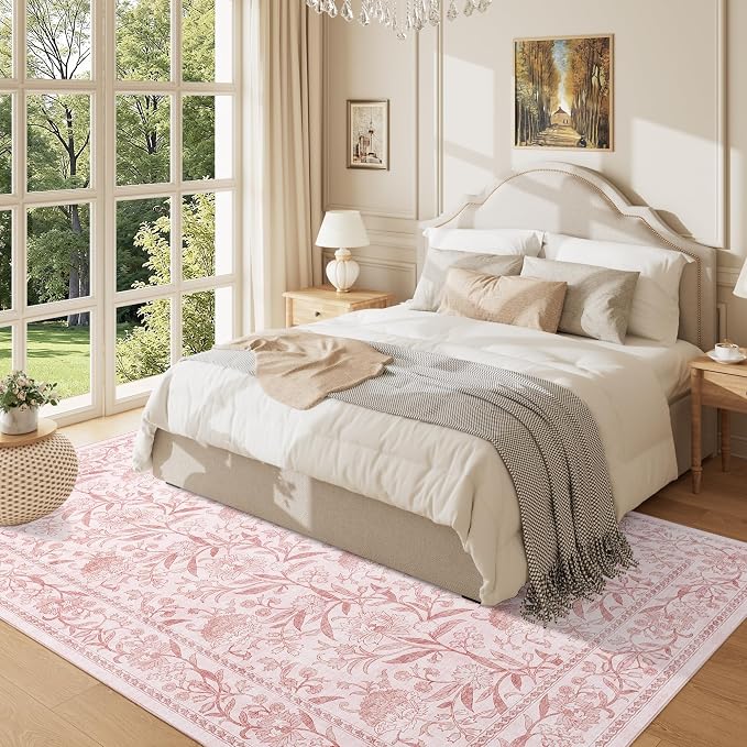 DUKINO 5x7 Area Rug, Vintage Floral Washable Rug for Living Room Light Pink | Non Slip, Low Pile, Non-Shedding, Stain Resistant Lightweight Boho Soft Carpet for Bedroom Home Office Dining Room Farmhouse