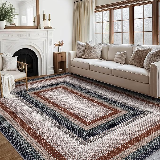 RUGSREAL Large Living Room Area Rug 10x13 Braided Washable Rug Non Slip Bedroom Throw Carpet Stain Resistant Dining Room Area Rug Braid Printed Farmhouse Accent Rug for Home Decor Office, Olive/Brown