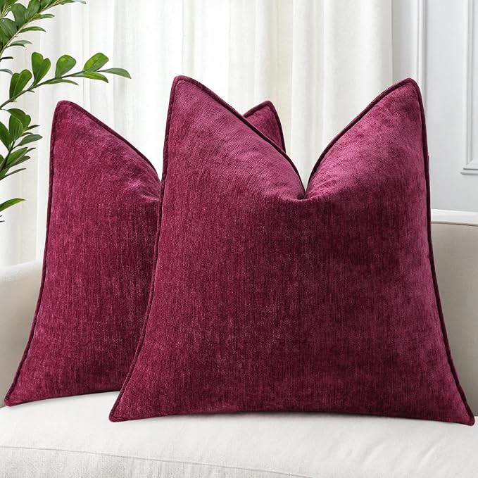 decorUhome Chenille Rhododendron Throw Pillow Covers 24x24 Set of 2 | Fall Soft Euro Sham Couch Decorative Modern Velvet Pillow Cases with Elegant Design for Sofa Bed Living Room Home Decor