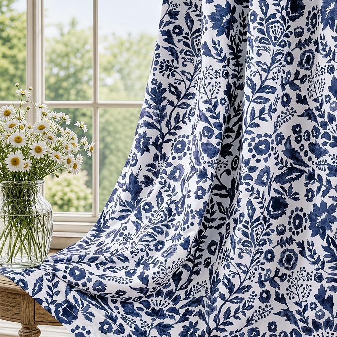 DriftAway Julia Blackout Curtains Grommet 2 Panels, W52xL120, Navy | Floral Curtains, Bedroom, Living Room, Room Darking, Watercolor Pattern, 2 Layers, Thermal Insulated, Window Treatment