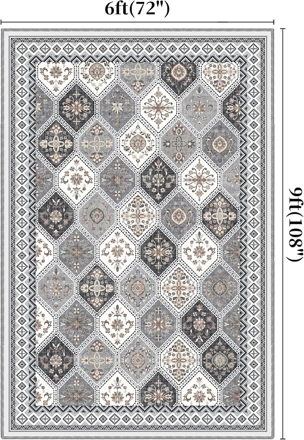 6x9 Area Rugs for Living Room, Non-Slip Vintage Boho Moroccan, Gray/ Gold | TTelephant Soft Low-Pile Printed Washable Gray Rug for Living Room, Bedroom, Dining Room, Playroom