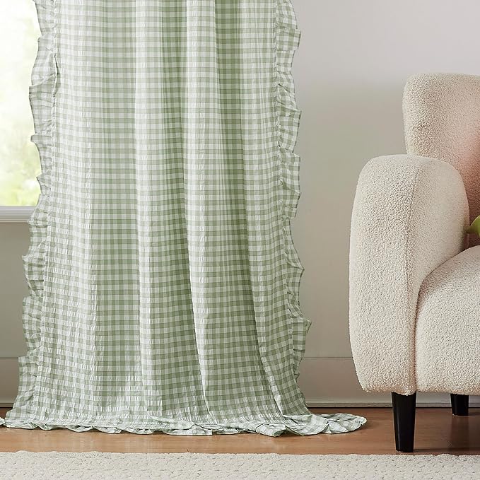 ZJDECOR Farmhouse Sage Green Buffalo Plaid Ruffled Window Curtains 72 Inch | Crinkle Not-See-Through Sheer Drapes,Cotton Blended Drapes,Window Treatment,Bedroom Living Room,Rod Pocket,40"Wx72"Lx2