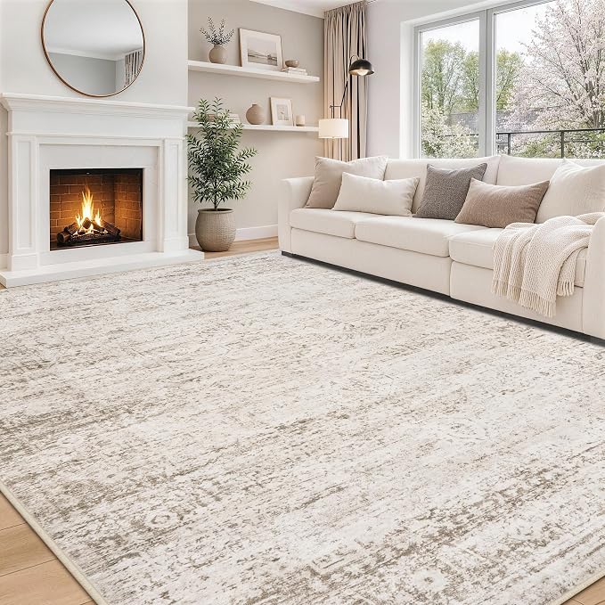 9x12 Area Rugs for Living Room Rug Washable: Modern Large Rug for Dining Room Bedroom Carpet Non Slip 9 by 12 Indoor Abstract Nursery Home Office Beige Ivory